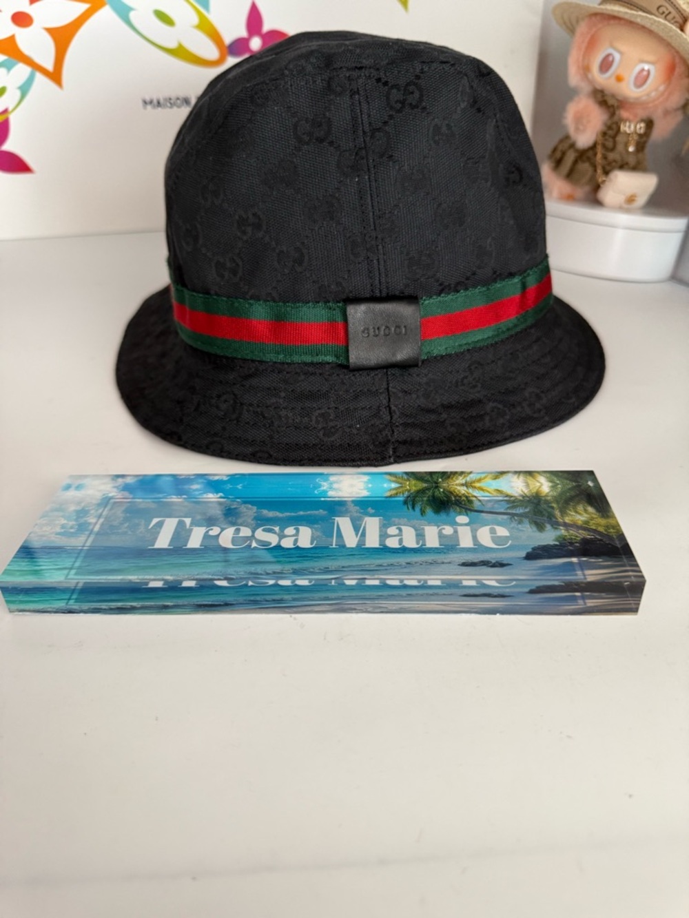 Gucci Black GG Monogram Bucket Hat with Red & Green Web Stripe